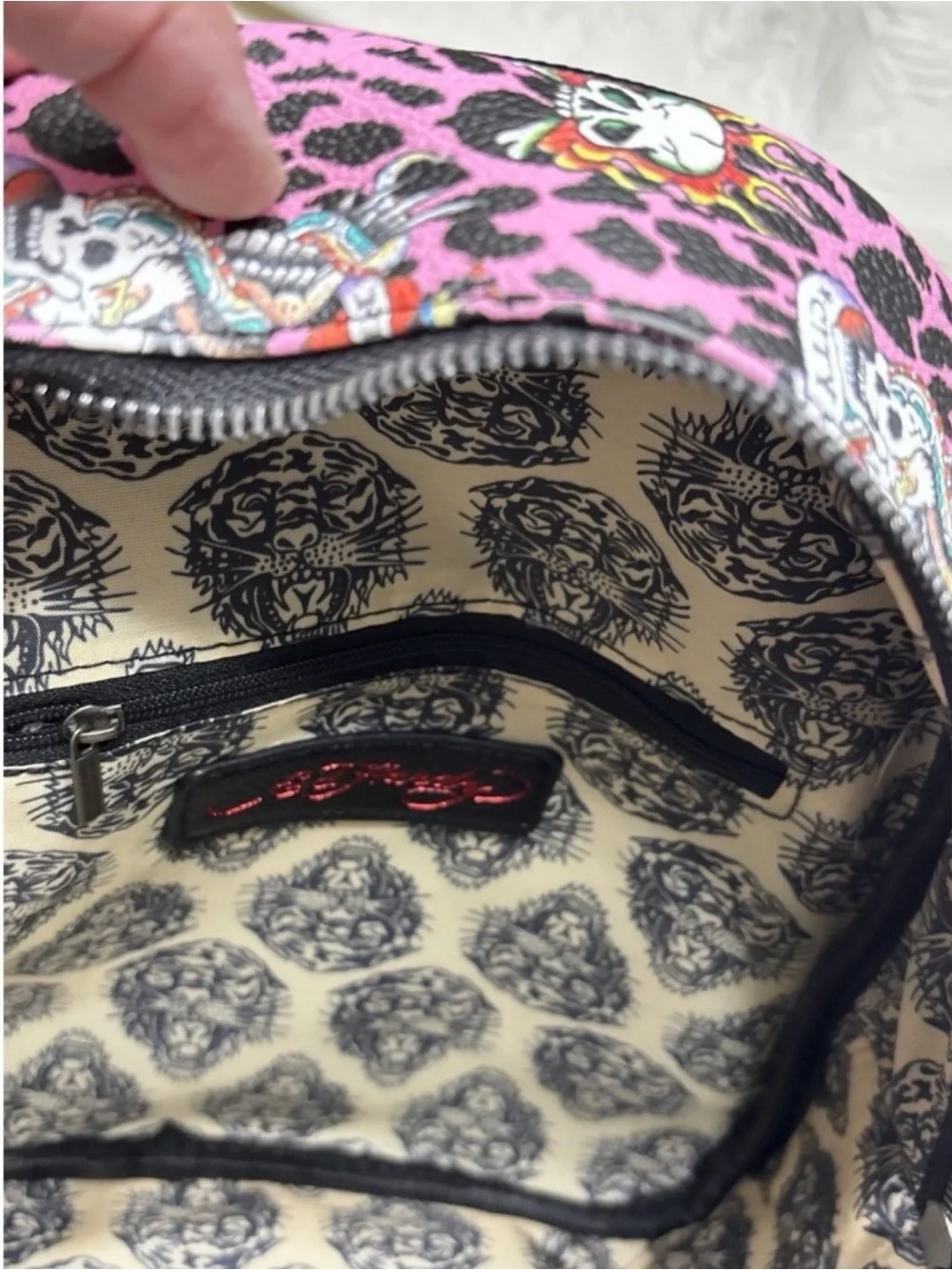 ED HARDY Pink Leopard Skulls Love Kills Backpack. Streetwear, Y2K, Alternative